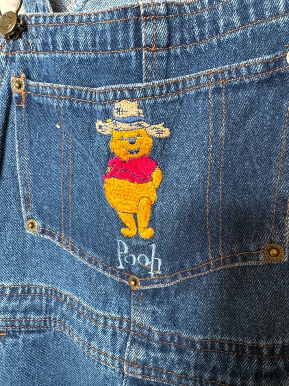 Disney Winnie the Pooh Dark Wash Denim Bib Overalls Vintage Womens M Embroidered - Picture 2 of 10